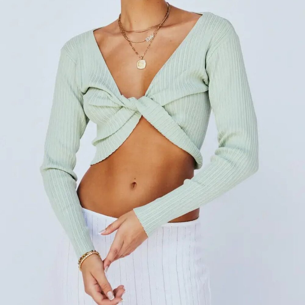 SNDYS Everyday Sage Green Twist Rib Knit Long Sleeve Top Size L Cropped Casual